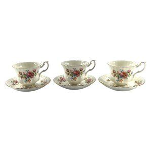 1956 Royal Albert Moss Rose Bone China Tea Cups & Saucers Vintage Set of 3
